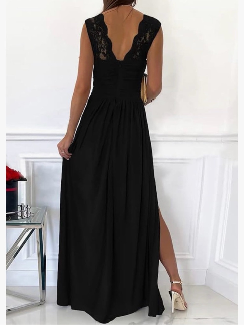 Dokotoo Black Elegant V-Neck Evening Maxi Dress with Leg Slit - Picture 2 of 6